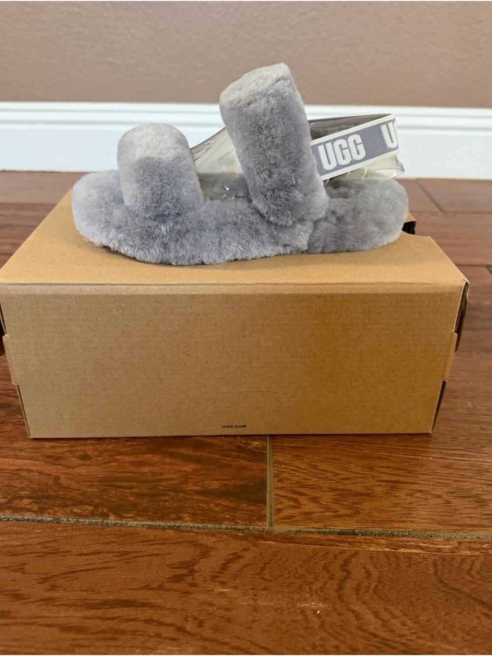 UGG Kids Oh Yeah Slide in Grey Shearling with Clear Strap
